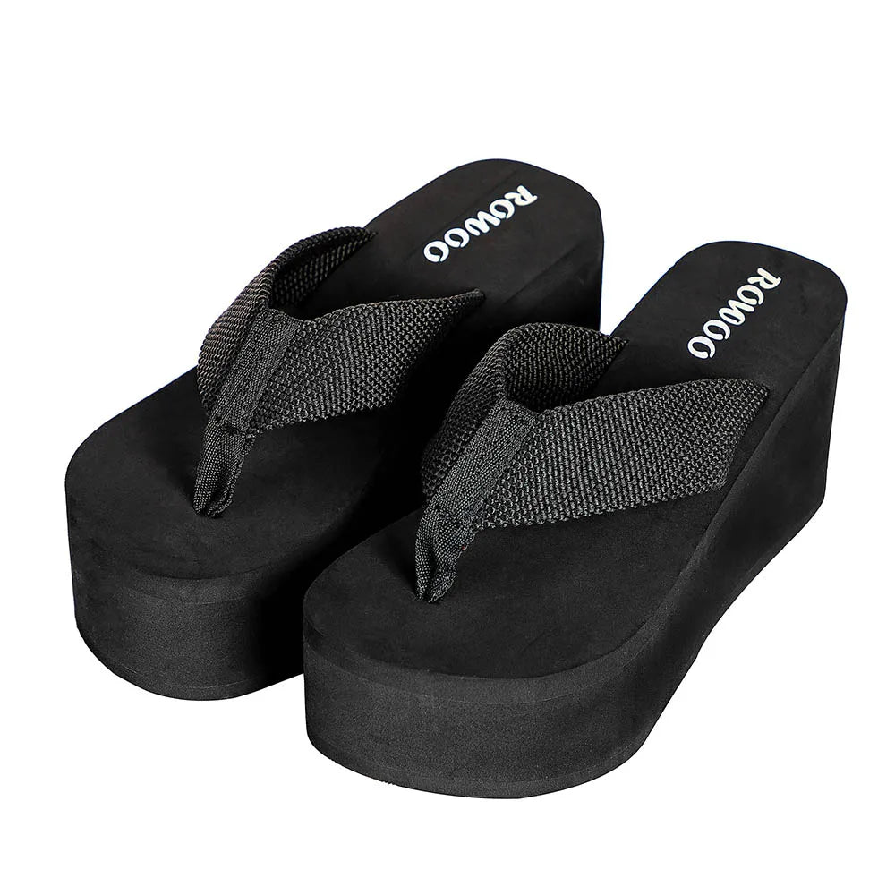 High Heel Women Sandal Shoes Solid Summer Flip Flops Wedges Platform Textile 3.15" height Increasing Shoes 8cm Footwear