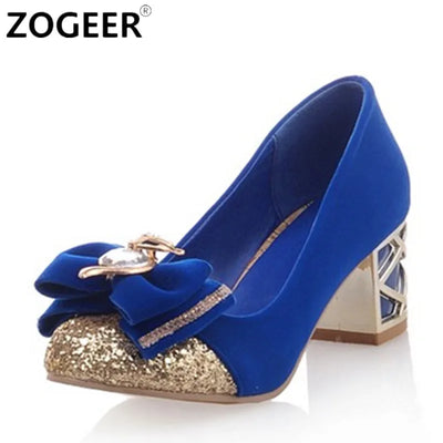 Luxury Crystal Low Heels Casual Women's Pumps Shoes Round toe Sweet Bow-tied Black Pink Blue Heeled Wedding Party Shoes Ladies