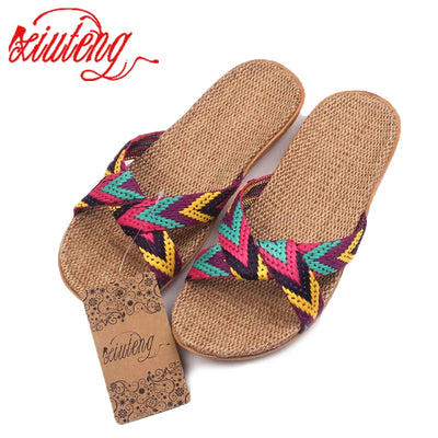 2024 Fashion Flax Home Slippers Indoor Floor Shoes Cross Belt Silent Sweat Slippers For Summer Women Sandals