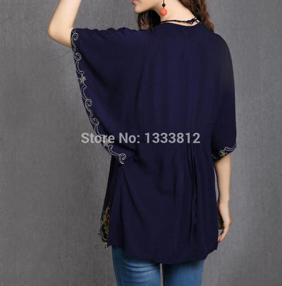 2022 Women Cotton Tops Clothes Vintage Mexican Ethnic Floral Embroidery Batwing Loose Casual Boho Tunic Blouse Blusa Mujer