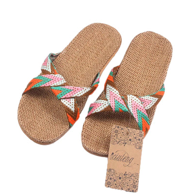 2024 Fashion Flax Home Slippers Indoor Floor Shoes Cross Belt Silent Sweat Slippers For Summer Women Sandals