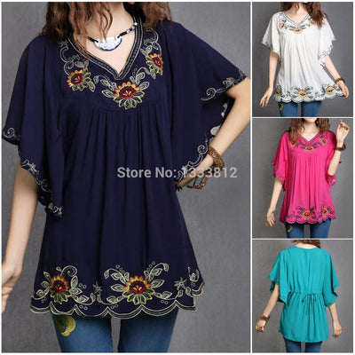 2022 Women Cotton Tops Clothes Vintage Mexican Ethnic Floral Embroidery Batwing Loose Casual Boho Tunic Blouse Blusa Mujer